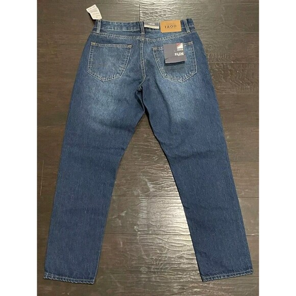 NEW- IZOD Jeans- Dark Blue Distressed- Slim Fit- US Men Size 30x30 - Picture 2 of 8